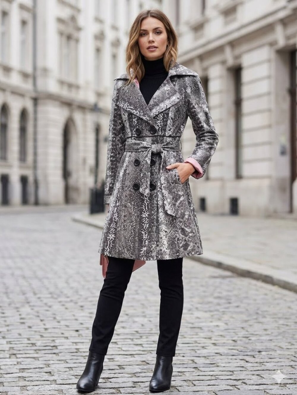 Candie's Snakeskin Print Trench Coat Jacket Gray Black White Belted Medium
